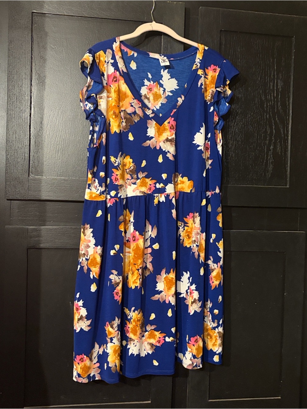 Sew In Love Royal Blue Floral V-Neck Dress with Yellow Accents